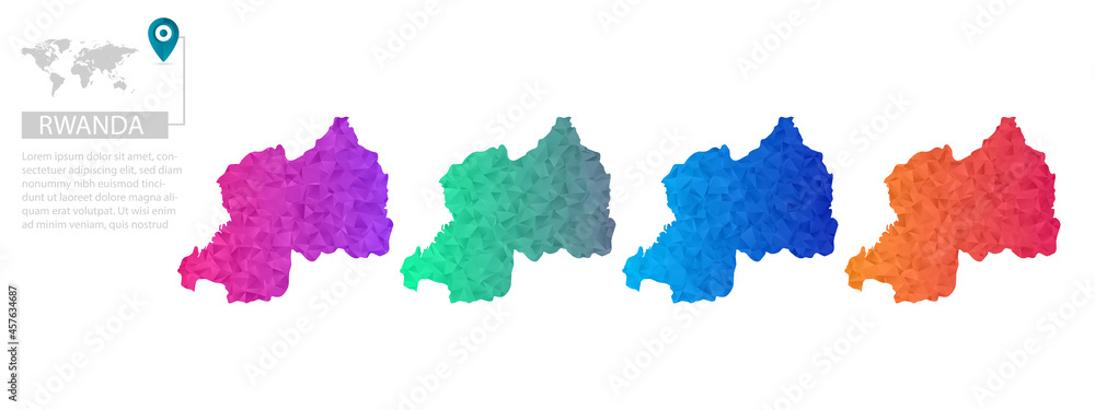 Set of vector polygonal Rwanda maps. Bright gradient map of country in low poly style. Multicolored country map in geometric style for your Set of vector polygonal Rwanda maps. Bright gradient map of country in low poly style. Multicolored country map in geometric style for your
