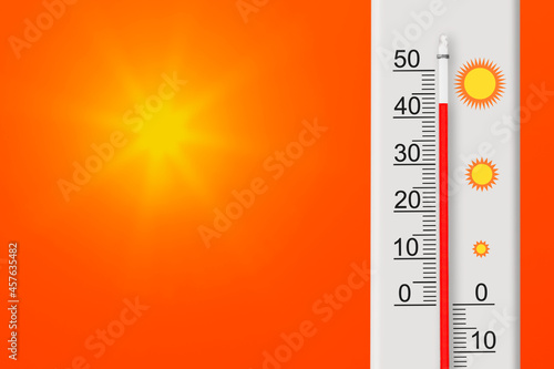 Celsius scale thermometer shows plus 43 degrees . Yellow sun in red sky. Summer heat