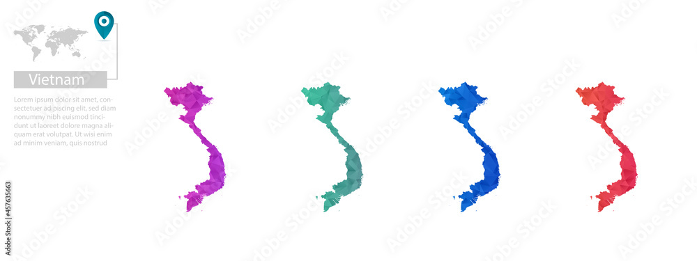 Set of vector polygonal Vietnam maps. Bright gradient map of country in low poly style. Multicolored country map in geometric style for your