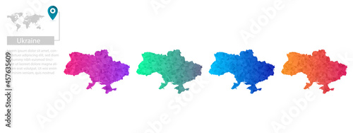 Set of vector polygonal Ukraine maps. Bright gradient map of country in low poly style. Multicolored country map in geometric style for your