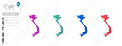 Set of vector polygonal Vietnam maps. Bright gradient map of country in low poly style. Multicolored country map in geometric style for your