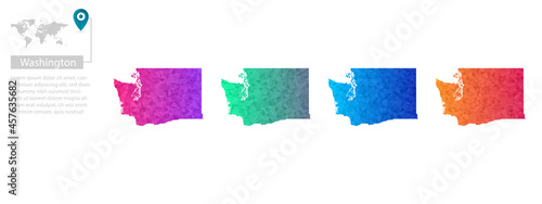 Set of vector polygonal Washington maps. Bright gradient map of country in low poly style. Multicolored country map in geometric style for your