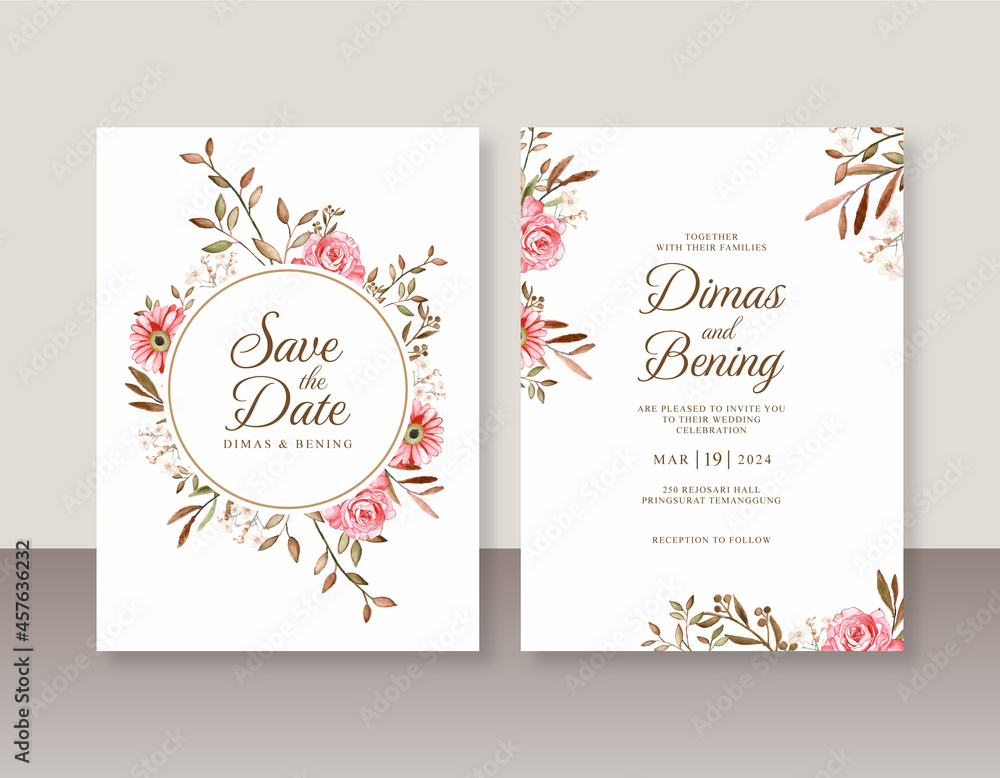 Wedding invitation template with floral watercolor