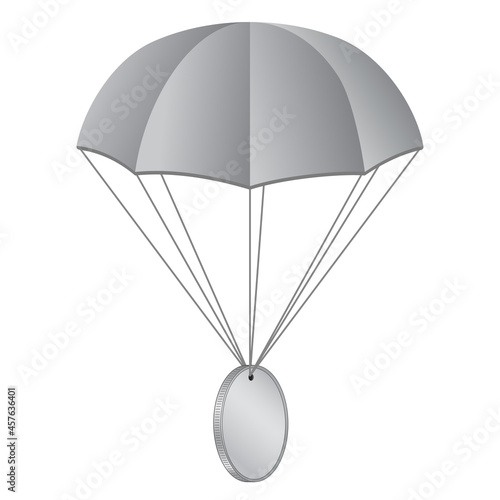 Airdrop concept parachute with coin isolated on white. Blank gray coin with copy space for logo or symbol. Vector illustration.