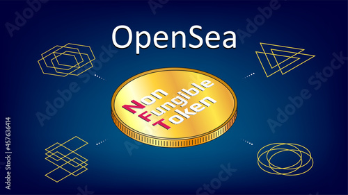OpenSea text internet platform NFT token market and auction with isometric coin on blue background. New trend in collectibles sales. Banner for news and media. Vector illustration.