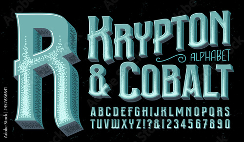 Krypton and Cobalt is an ornate capitals alphabet in teal hues. This font makes use of 3d depth and extensive stippled pattern textures to define highlights.