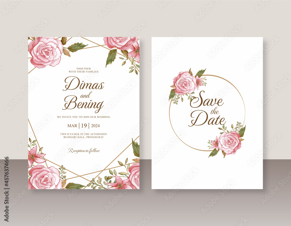 Wedding card invitation template with rose watercolor painting