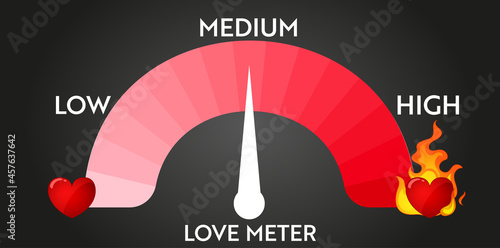 Love level meter indicator. Heart speedometer design. Valentine day card design element..