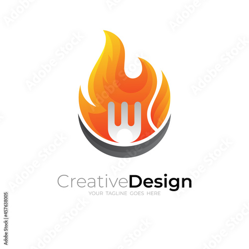 Cutlery logo and fire design vector, restaurant icon