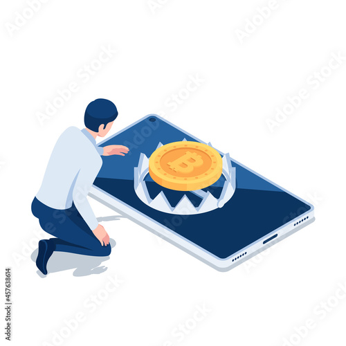 Isometric Businessman Trying to Catch Bitcoin Over The Trap