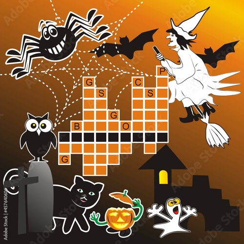 crossword, Halloween, vector educational page