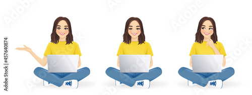 Young beautiful woman using laptop computer sitting with crossed legs set and different gestures. Isolated vector illustration