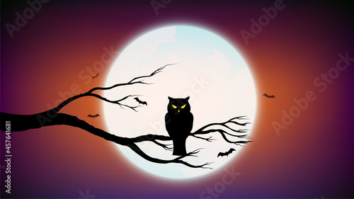 Happy Halloween with Owl holding on tree branch and Dark Purple Violet and Orange color Background with full moon