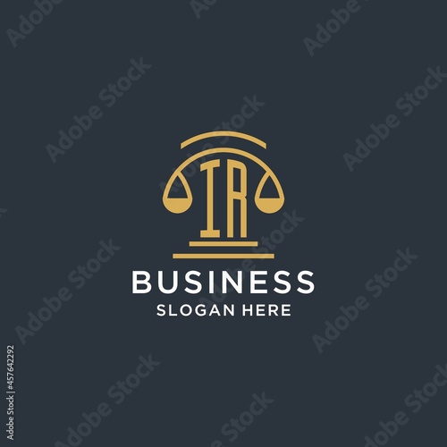 IR initial with scale of justice logo design template, luxury law and attorney logo design ideas