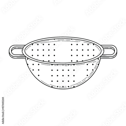 Abstract Hand Drawn Kitchen Stuff Butcher Colander Blade Meat Meal Doodle Concept Vector Design Outline Style On White Background Isolated For Cooking