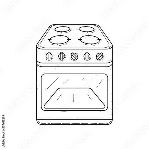 Abstract Hand Drawn Kitchen Stove Stuff Meat Meal Doodle Concept Vector Design Outline Style On White Background Isolated For Cooking