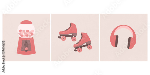 90s pink aesthetic vintage. Set of retro cards. Pink roller skates, headphones, candy machine with heart shaped gumball. Retro poster design for web and print use.  