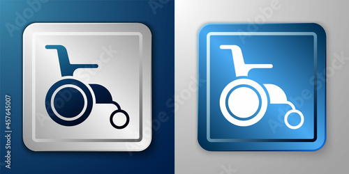 White Wheelchair for disabled person icon isolated on blue and grey background. Silver and blue square button. Vector
