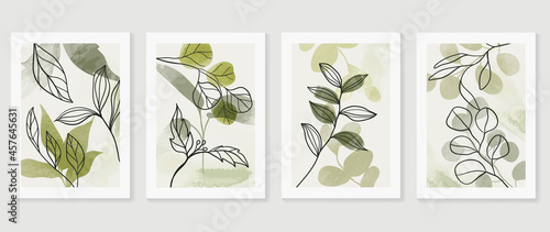 Botanical wall art vector set. Water color boho foliage line art drawing with  abstract shape.  Abstract Plant Art design for print, cover, wallpaper, Minimal and  natural wall art.