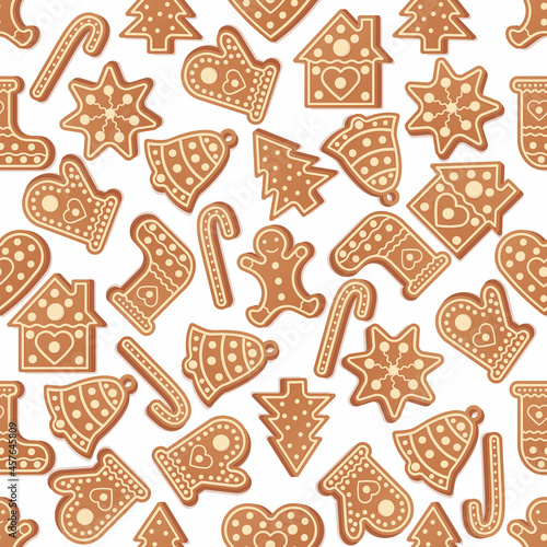Winter seamless patterns with gingerbread cookies. Awesome holiday vector background. Christmas repeating texture for surface design, wallpapers, fabrics, wrapping paper etc.