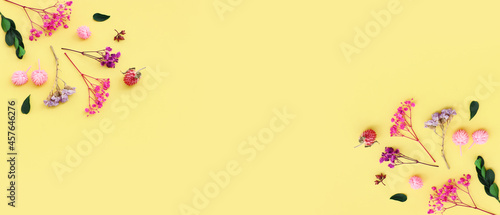 Top view image of pink, purple and green flowers composition over pastel yellow background .Flat lay