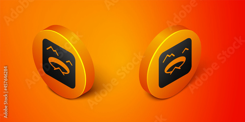 Isometric Winter fishing icon isolated on orange background. Round ice frame. Hole in ice. Orange circle button. Vector