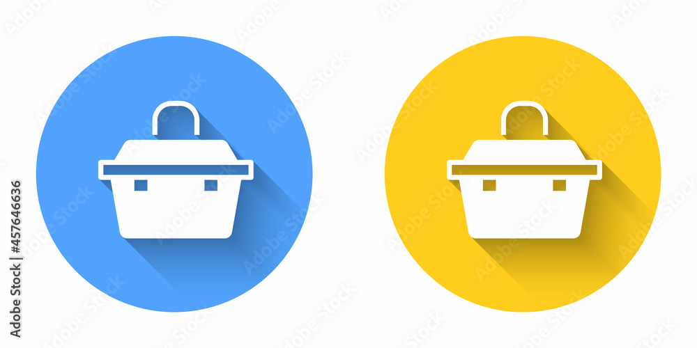 White Case or box container for wobbler and gear fishing equipment icon isolated with long shadow background. Fishing tackle. Circle button. Vector White Case or box container for wobbler and gear fishing equipment icon isolated with long shadow background. Fishing tackle. Circle button. Vector