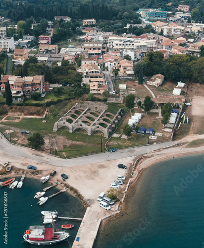 The Venetian arsenal at Gouvia, Corfu aeril view . The arches of the docks and the gateway is seen through the arches photo