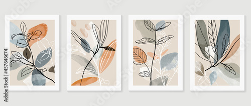 Botanical wall art vector set. Water color boho foliage line art drawing with  abstract shape.  Abstract Plant Art design for print, cover, wallpaper, Minimal and  natural wall art.