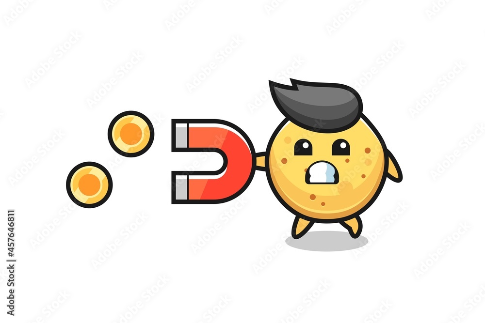 the character of potato chip hold a magnet to catch the gold coins the character of potato chip hold a magnet to catch the gold coins