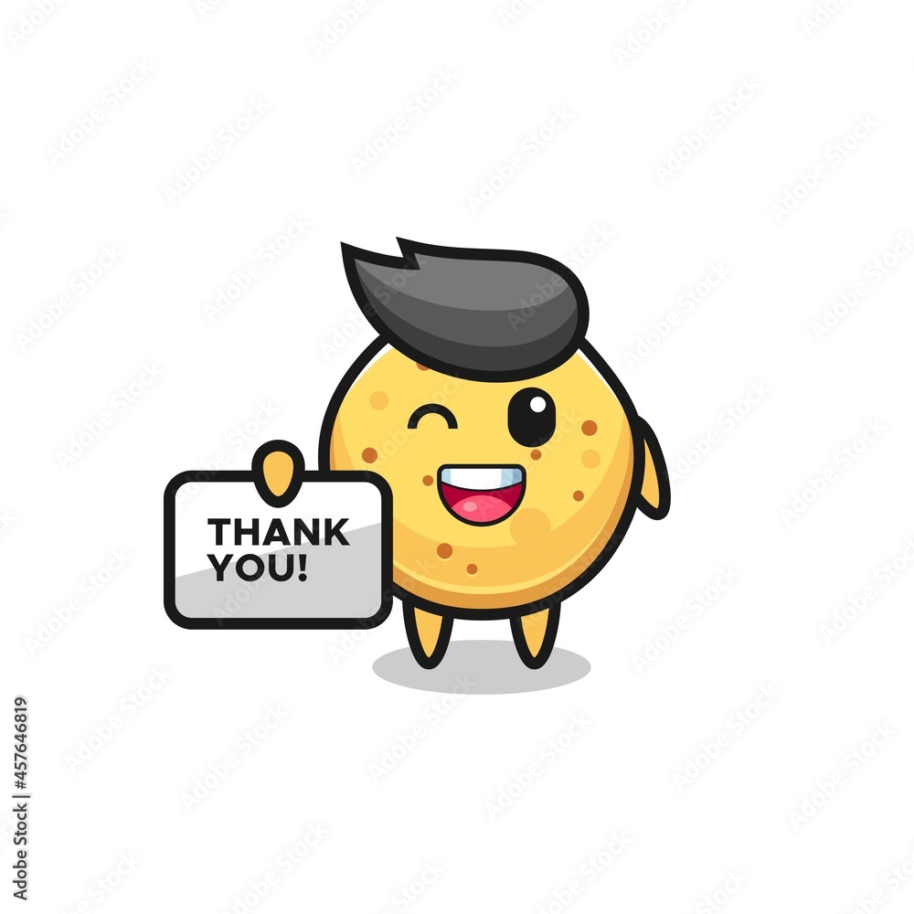the mascot of the potato chip holding a banner that says thank you