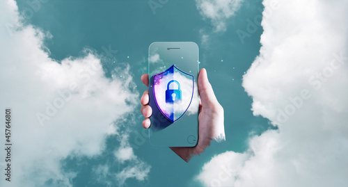 Cyber Security on Cloud Technology Concept. Securing Cloud Computing Online Systems. Hand Holding Smart Phone with Padlock, Fingerprint and Protect Guard Shield into the Sky.
