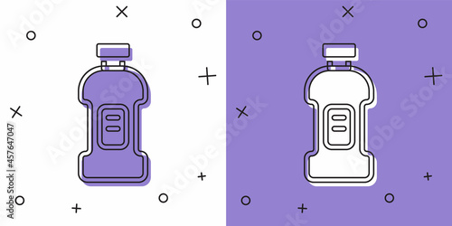 Set Plastic bottle for laundry detergent, bleach, dishwashing liquid or another cleaning agent icon isolated on white and purple background. Vector