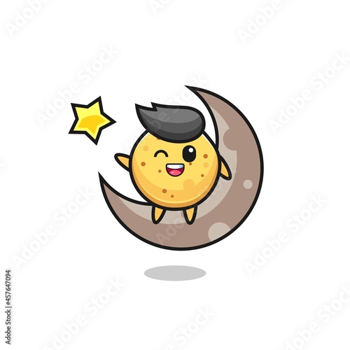 illustration of potato chip cartoon sitting on the half moon © heriyusuf