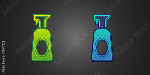 Green and blue Cleaning spray bottle with detergent liquid icon isolated on black background. Vector