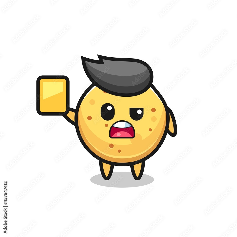 cartoon potato chip character as a football referee giving a yellow card
