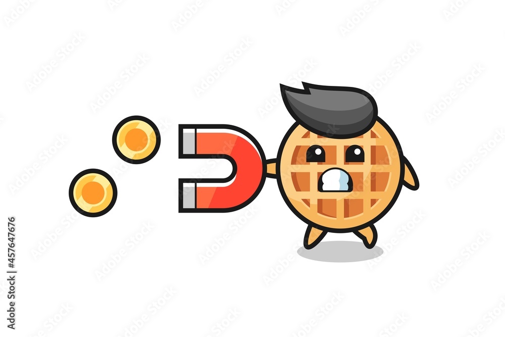 the character of circle waffle hold a magnet to catch the gold coins