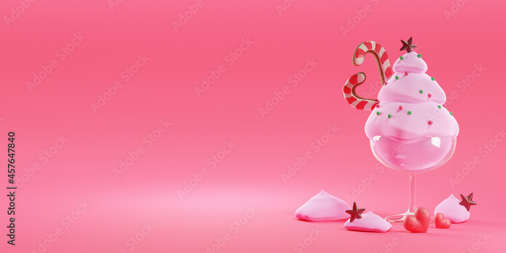 3D of Christmas tree ice cream on pink pastel background. Merry Christmas with copy space. Horizontal web banner.