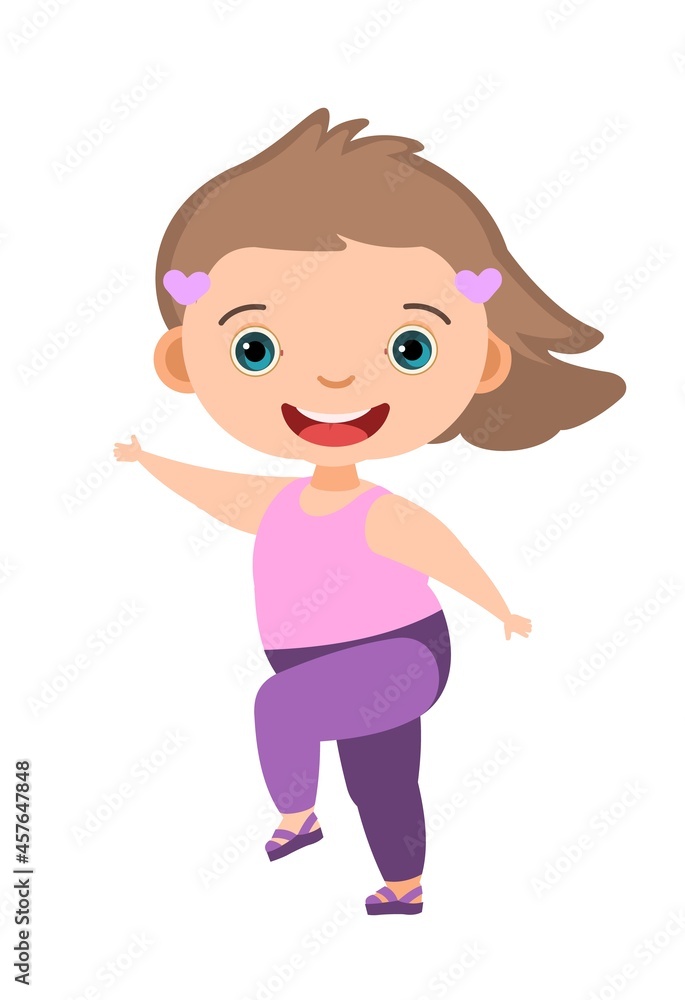 Child funny. Little girl. In pink clothes. Kid jumps for joy. Charming active cute character. Cute kid. Face wobble smile. Cartoon style. Isolated on white background. Vector