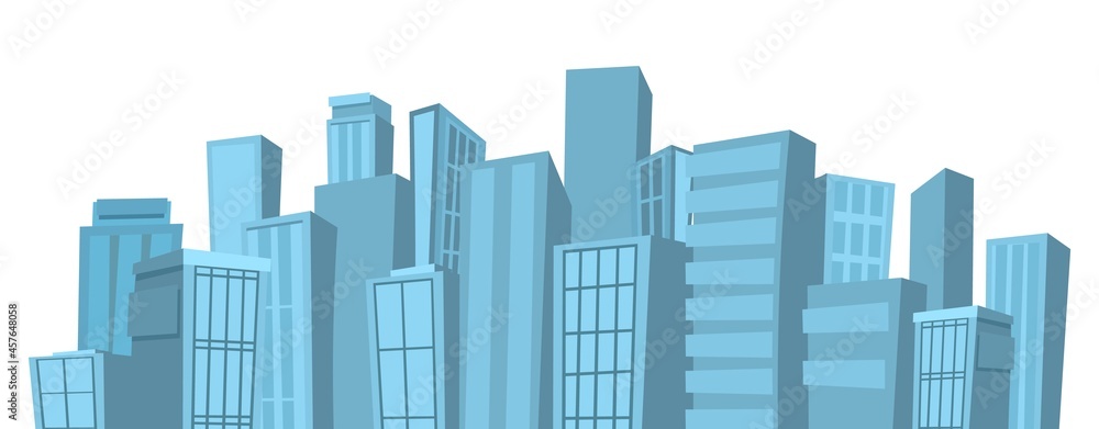 Big light city from afar. Skyscrapers and large buildings. Cartoon flat style illustration. Blue city landscape Cityscape. Horizontal composition. Vector.