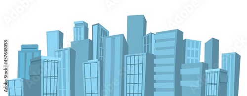 Big light city from afar. Skyscrapers and large buildings. Cartoon flat style illustration. Blue city landscape Cityscape. Horizontal composition. Vector.