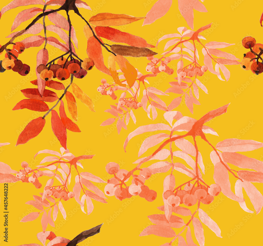 Fototapeta premium Autumn rowanberry branches watercolor on yellow background seamless pattern for all prints.