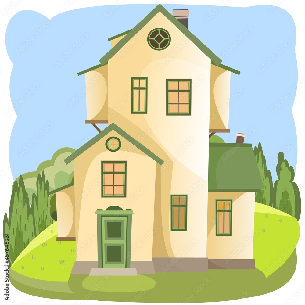 Cartoon house in the meadow. Summer. Beautiful view. Cozy rustic dwelling in a traditional European style. Rural landscape. Nice funny home. Isolated on white background. Vector Cartoon house in the meadow. Summer. Beautiful view. Cozy rustic dwelling in a traditional European style. Rural landscape. Nice funny home. Isolated on white background. Vector
