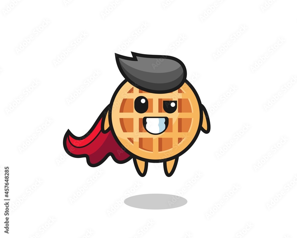 the cute circle waffle character as a flying superhero