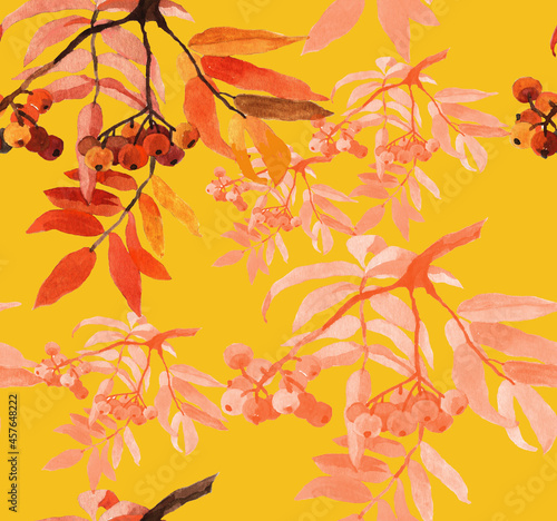 Autumn rowanberry branches watercolor on yellow background seamless pattern for all prints.