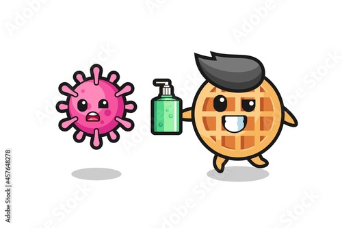 illustration of circle waffle character chasing evil virus with hand sanitizer