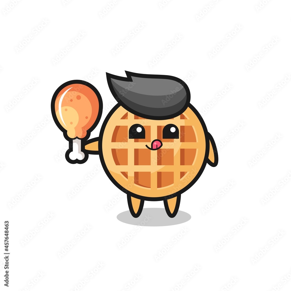 circle waffle cute mascot is eating a fried chicken