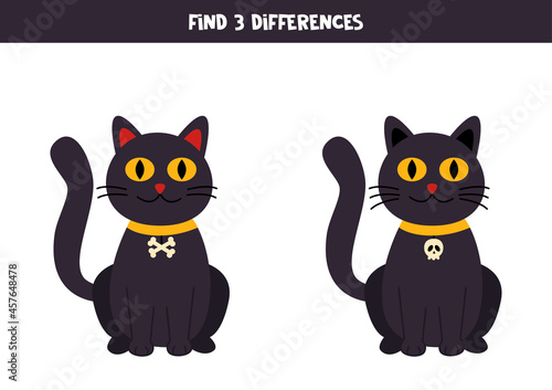 Find three differences between two Halloween black cats.