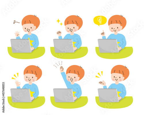 パソコンを操作する男の子　ポジティブな表情セット