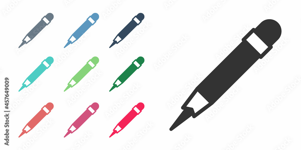 Black Pencil with eraser icon isolated on white background. Drawing and educational tools. School office symbol. Set icons colorful. Vector
